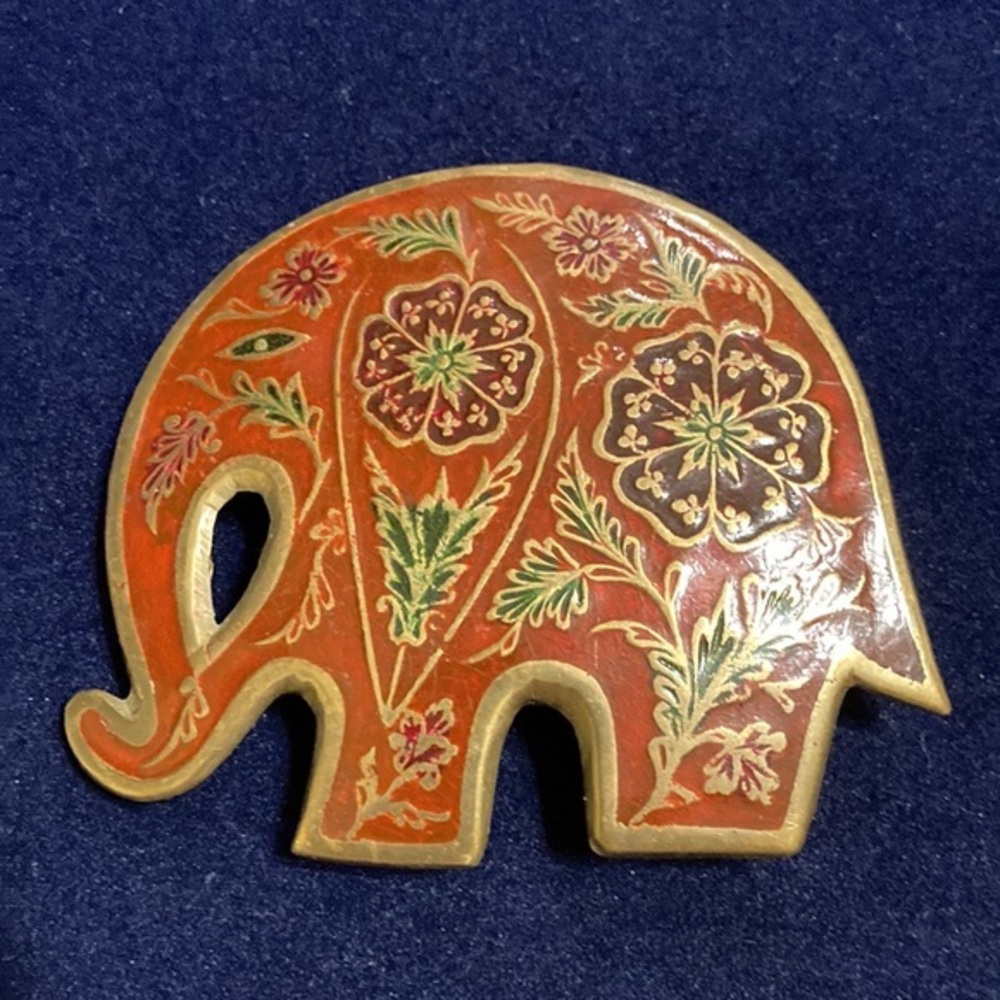 Vintage India elephant brick colored and purple flower cloisonné belt buckle